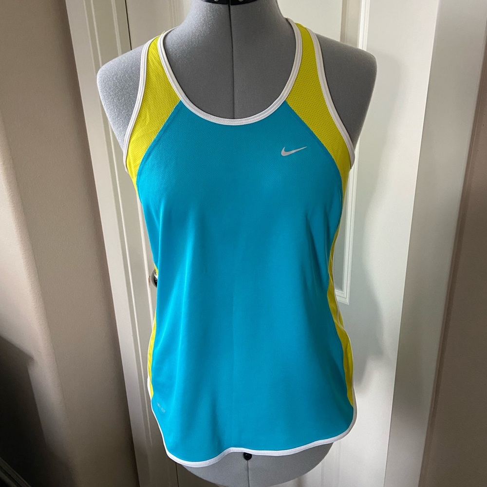 Nike Dri-Fit Tank Top, Turquoise & Neon Yellow with White Trim, Size M